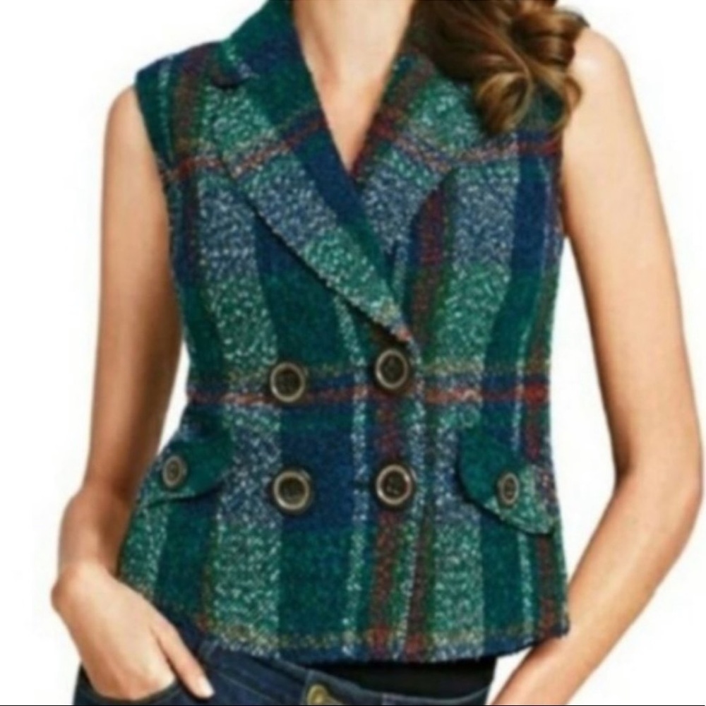 Cabi Wool Blend Blue Green Tweed Plaid Double Breasted Vest Size Medium